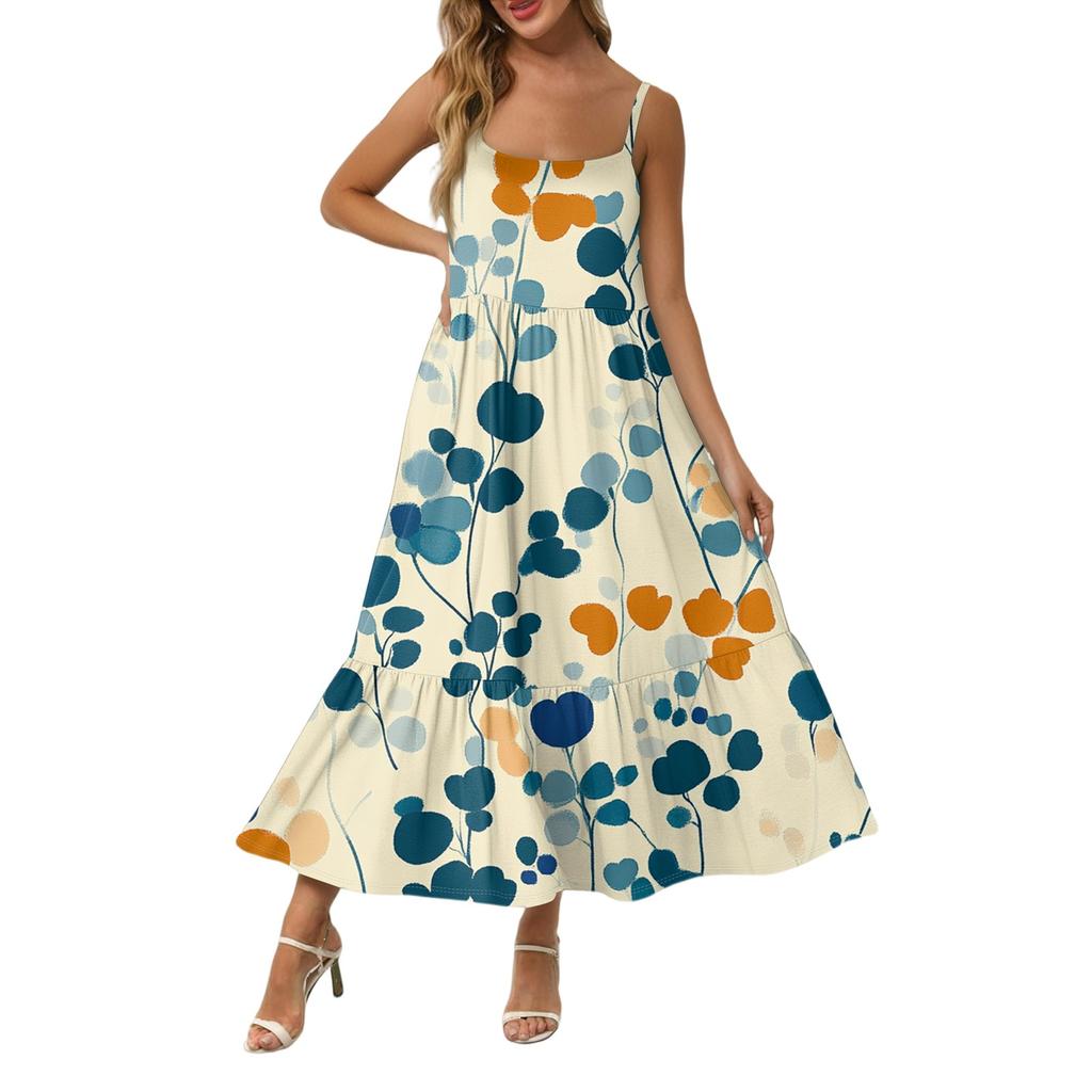 Women's Long Beach Casual Elegant Spaghetti Strap Maxi Dress Stitching Low-key Flowing Bohemian Dress