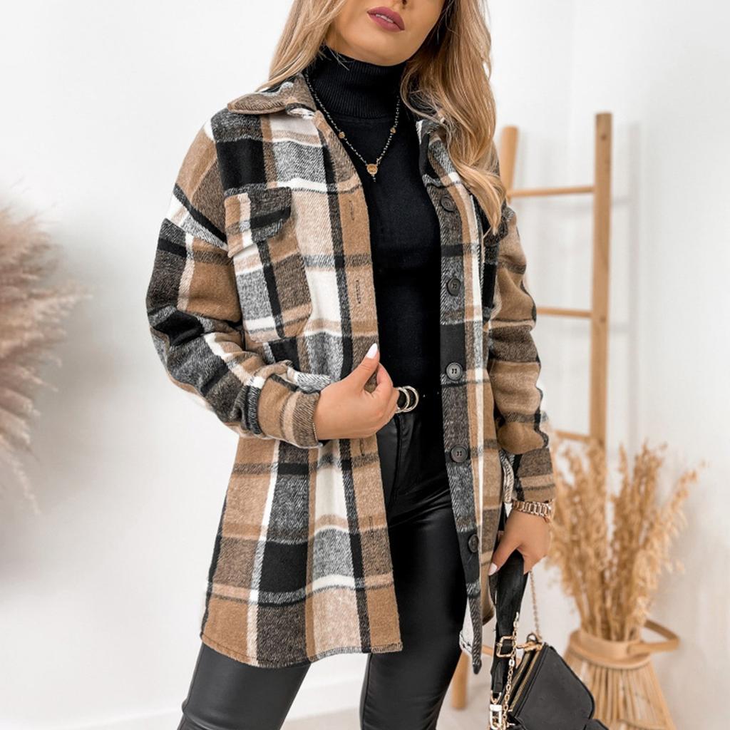 Women's Long Sleeve Single Breasted Plaid Print Shirt Collar Woolen Jacket Outwear