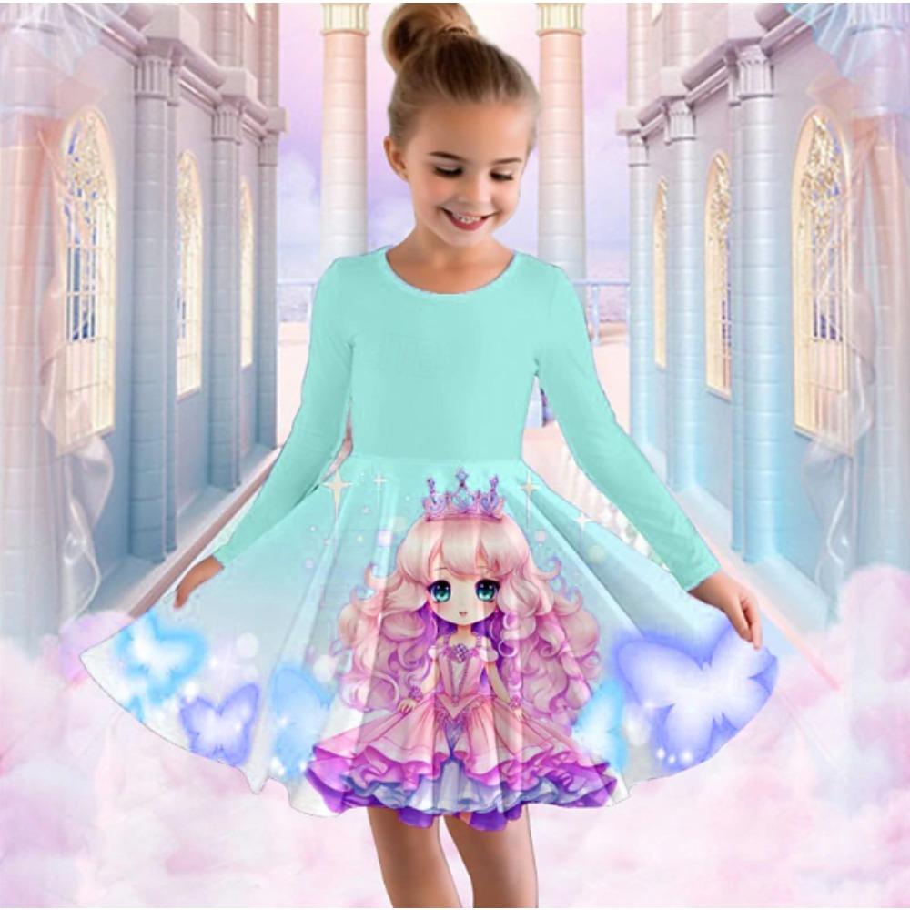 Vestito Casual da Bambina con Stampa 3D, Girocollo, Manica Lunga, Vestito da Principessa per Bambini