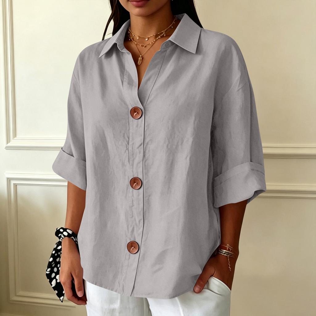Women's Casual Loose Fit Button Down Shirt Three Quarter Sleeve Collared Blouse Lightweight Soft Fabric Relaxed Style