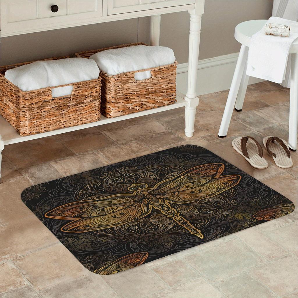 1PC Golden Dragonfly Elegance Kitchen Rug Non-Slip Door Mat Pop design Bathroom Rug Bath Mat Carpet for Home Sink Laundry Decor