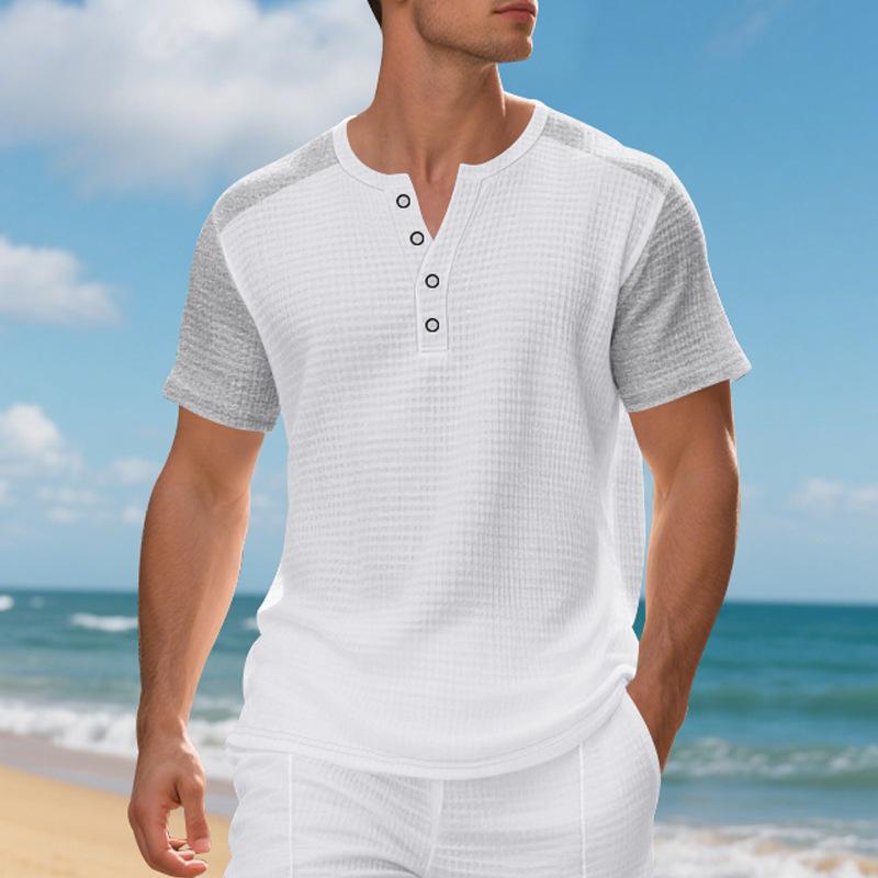 Fashionable Summer American Loose Men's Casual Beach Waffle Short-sleeved T-shirt Casual Versatile Pullover
