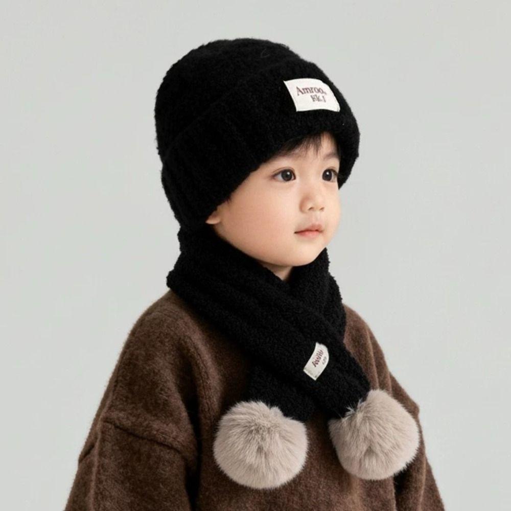 Warm Plush Kids Hat Scarf Set Knitted Baby Beanie Hat Gifts Pom Pom Scarf Kids Winter Wear