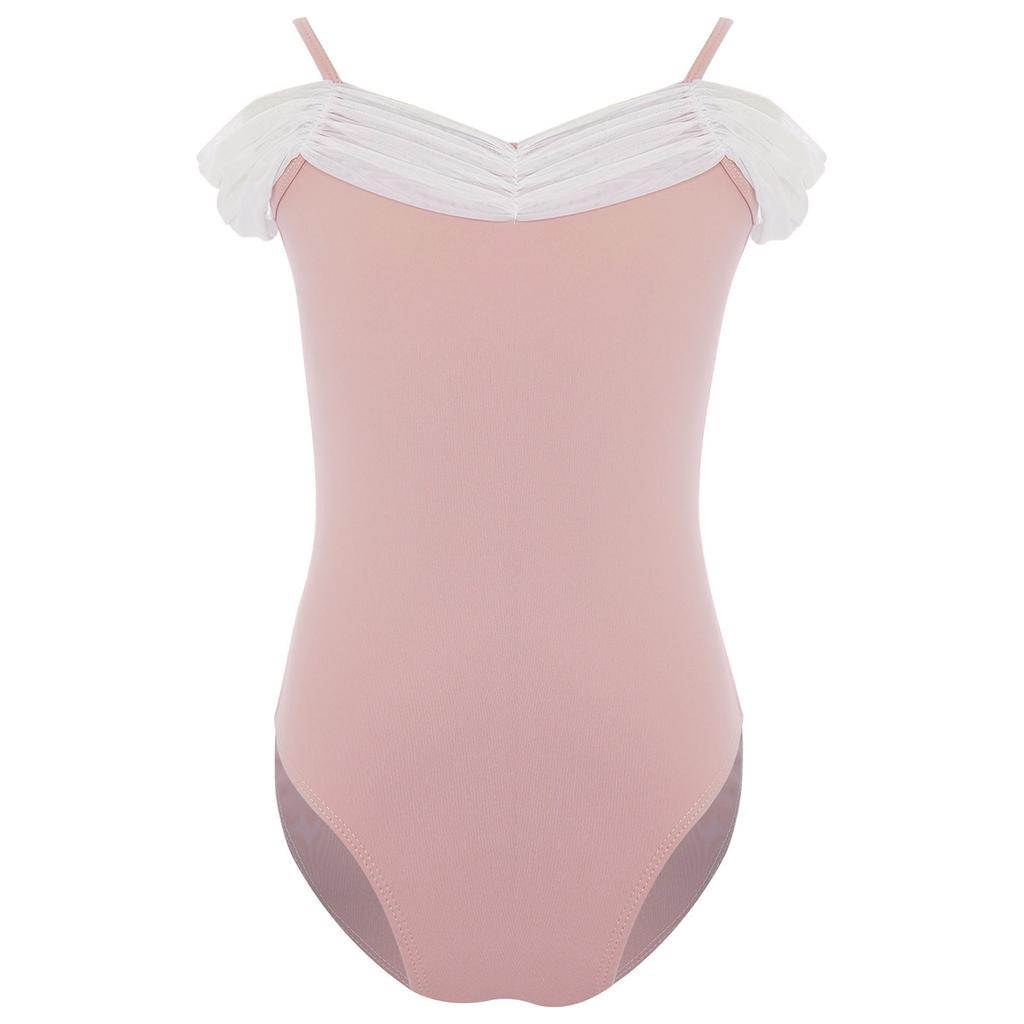 Girls Ballet Gymnastics Performance Leotard Butterfly Back Design Ruched Mesh Collar Spaghetti Straps Dancewear