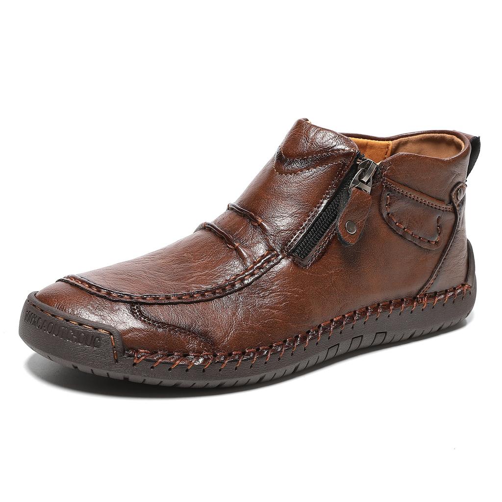 Men's Plus Size Zipper Martin Ankle Boots - Outdoor Casual Flat Sole Hand-Stitched Short Boots