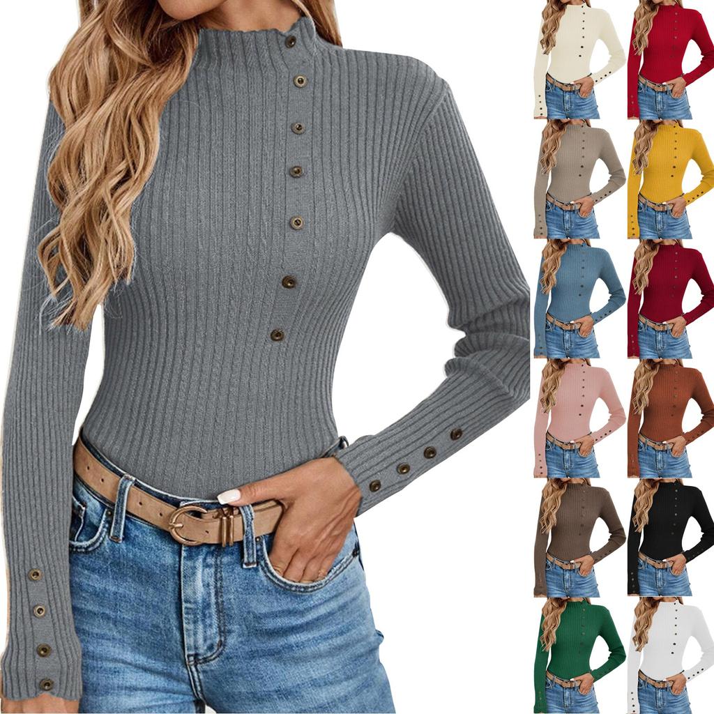 Women's Casual Solid Color Slim Button Knit Sweater Long Sleeved Base Sweater Sweater