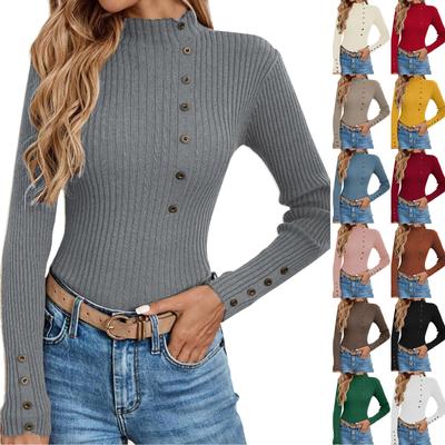 Women's Casual Solid Color Slim Button Knit Sweater Long Sleeved Base Sweater Sweater