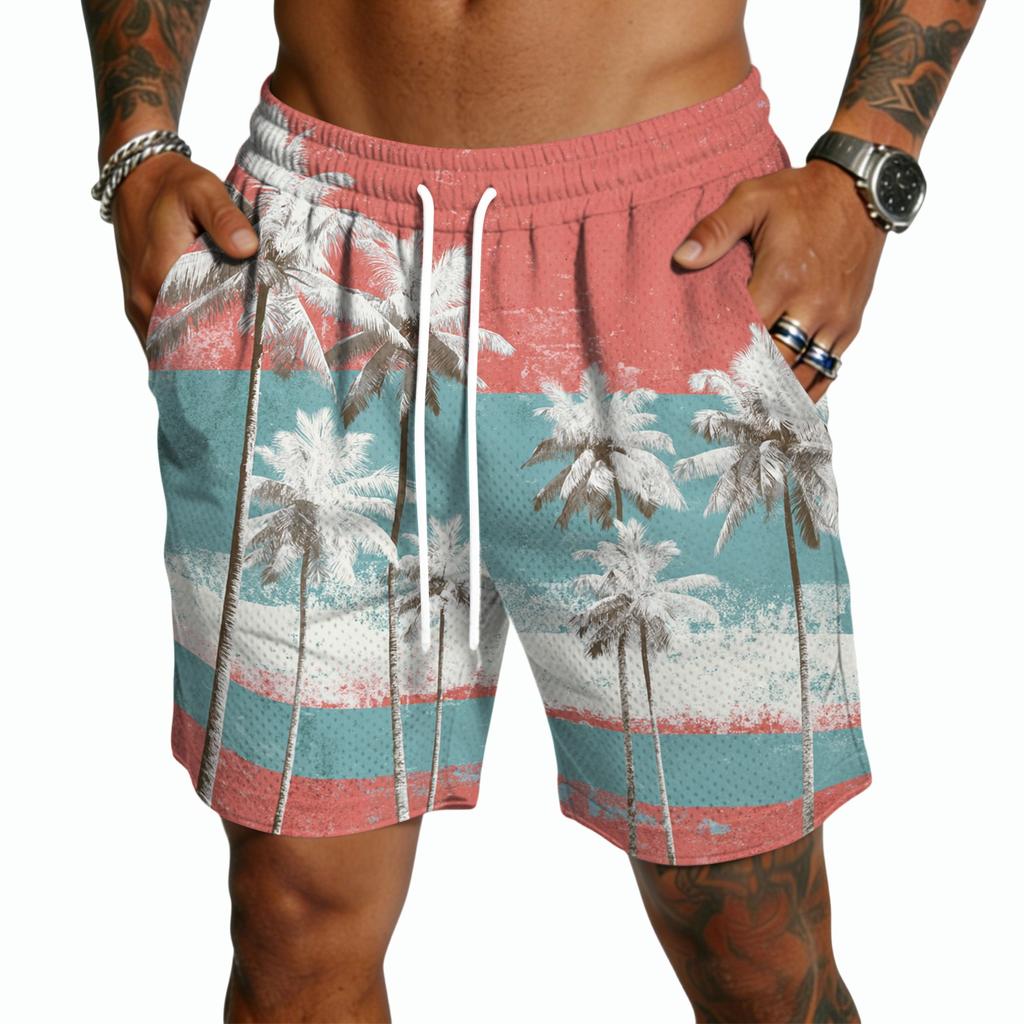 Men's Casual Drawstring Shorts Lightweight Quick Dry Five Inch Inseam Beachwear Hawaiian Print Summer Shorts