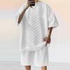 Men's Sports Suit Summer Korean High Street Jacquard Plaid T-shirt Shorts Two-piece Set Male Casual Retro Loose O-neck Top