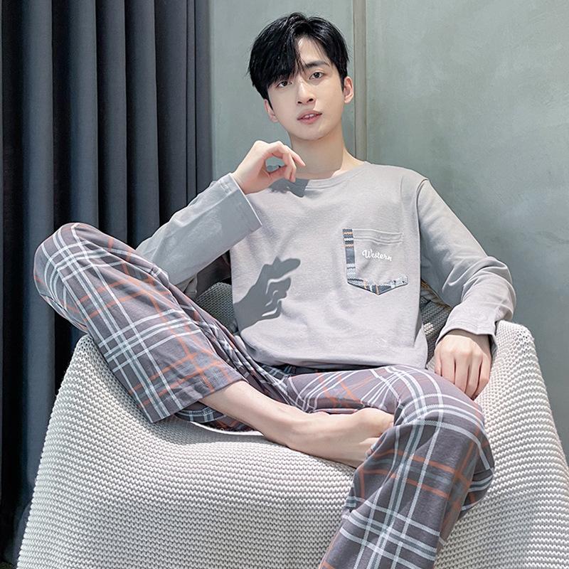 Frühlings-Baumwollpyjamas Herren Lounge Schlafbekleidung Blau Kariert Pijama Herren Morgenmantel Hauskleidung PJ Pijama Hombre