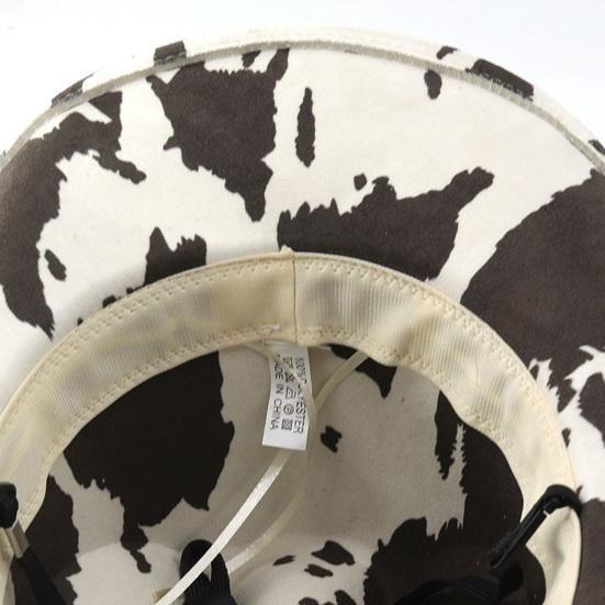 Western Cowboy Hat, Moderate Wide Brim Suede Fabric Black White Cow Print Hat with Faux Leather Band Metal Rivets, Outdoor Cycling Sun Protection Hat
