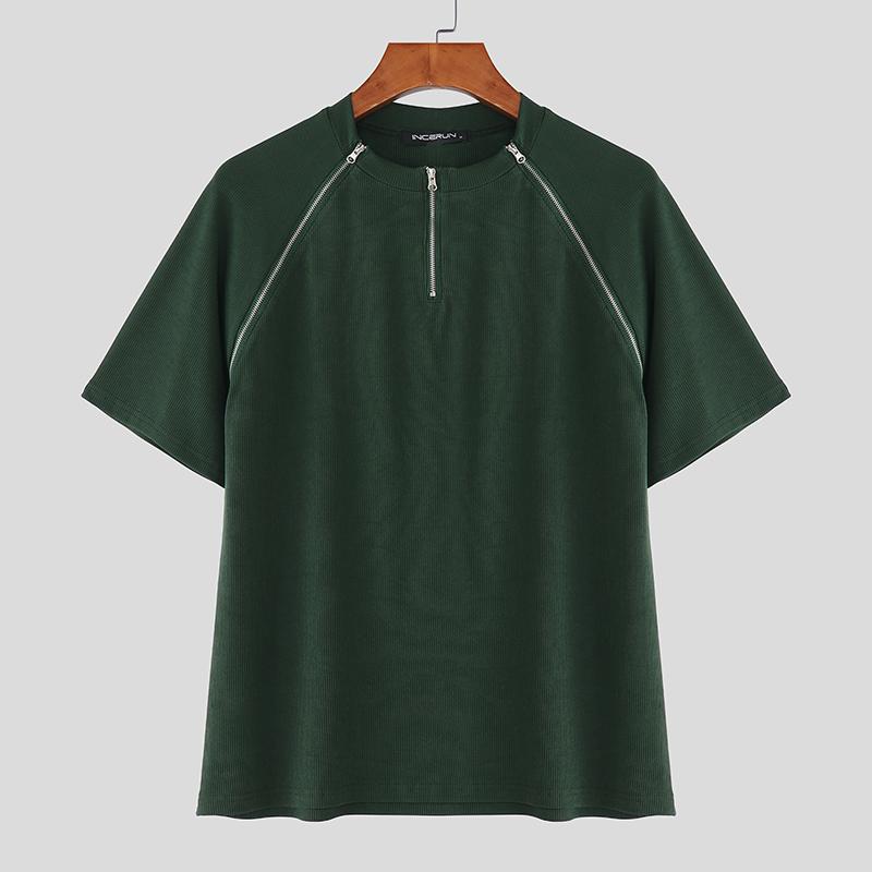 INCERUN Men Round Neck Short Sleeve Zipper Casual Fitted T-shirts