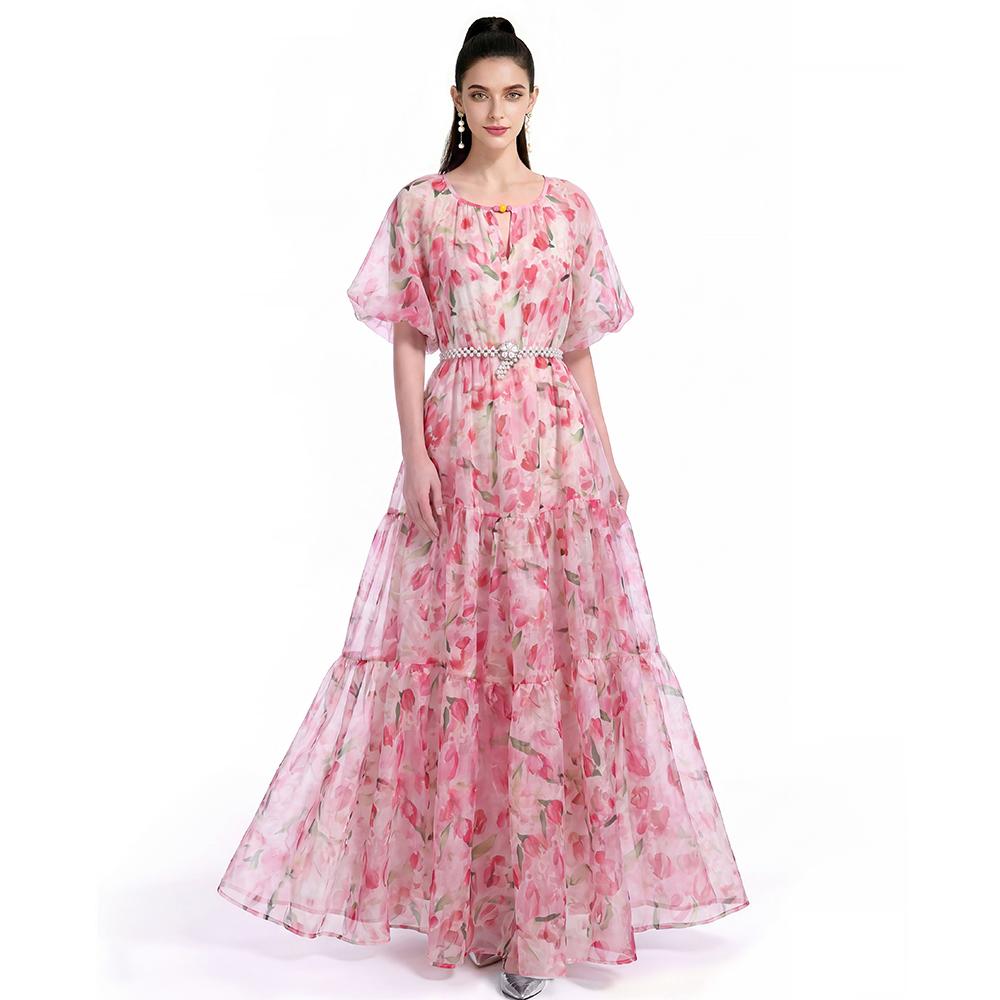 Summer Holiday Vacation Flower Print Long Maxi Dress Bohemian O-neck Short Sleeve High Waisted Chiffon Party Dresses Casual Robe
