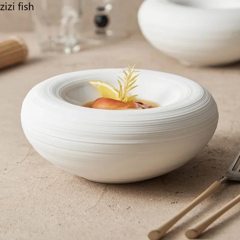 צלחת הגשה קרמית עגולה עבה מרק צלחת חטיפים צלחת סלמון כלי שולחן למסעדה צלחת בידוד דו שכבתית לבנה