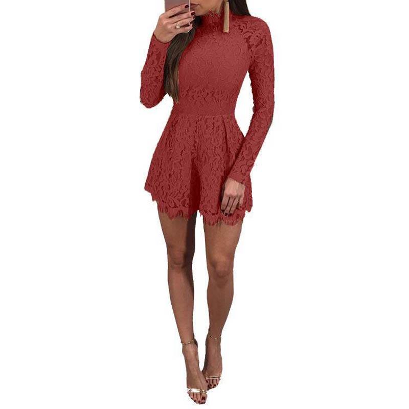 

Женская Мода Элегантный Повседневный Комбинезон Платье Кружево Длинный Рукав Сексуальный Короткий Комбинезон Tag XL=US M красный