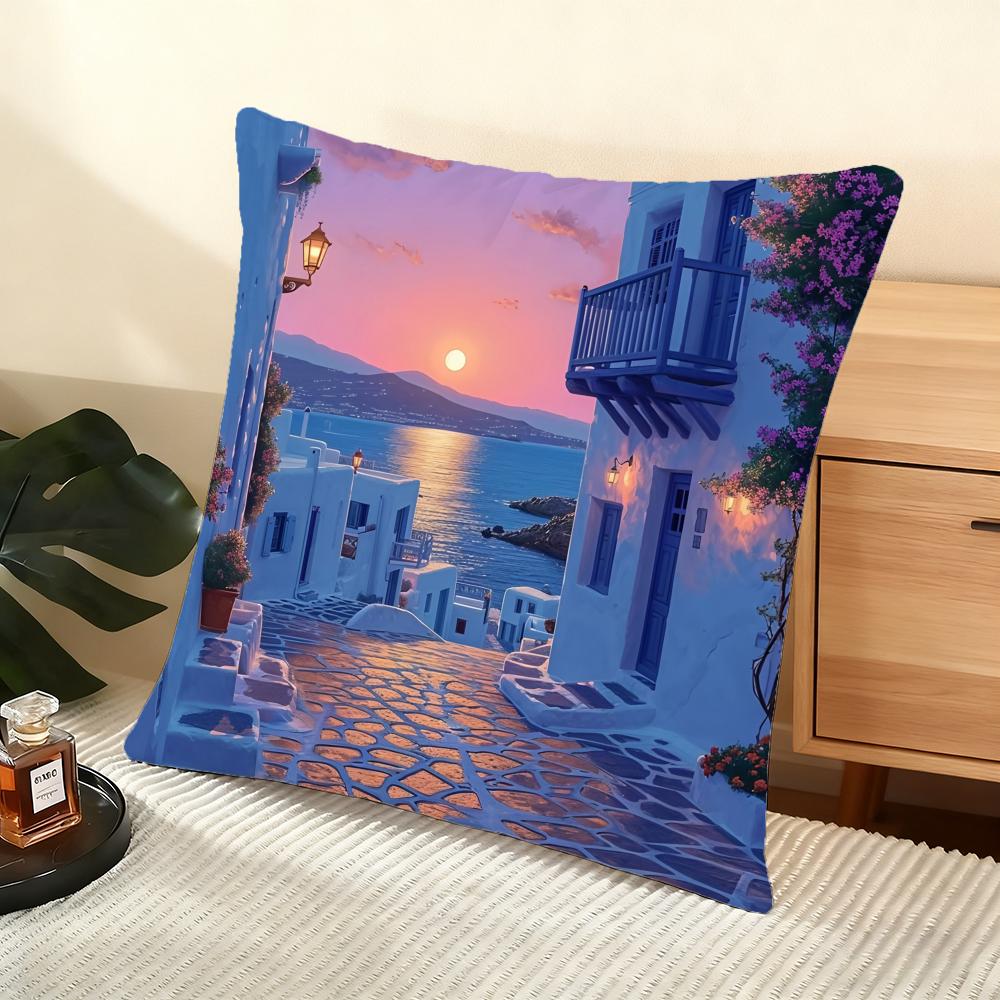 Santorini Landscape Cushion Cover Soft Short Plush Pillow Cover Smooth Cozy Texture Aesthetic Cushion Case Home Decor