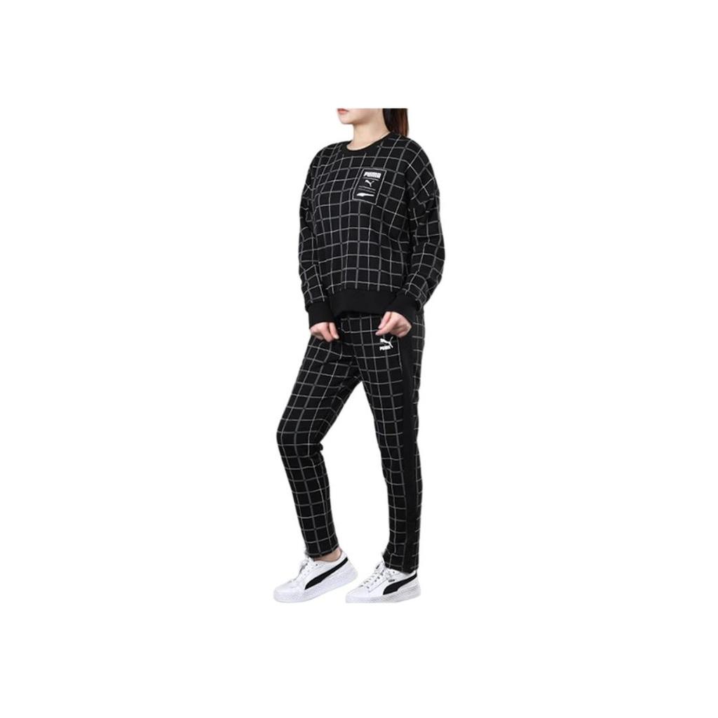 Puma Houndstooth Sport Running Casual Crew Neck Pullover Knit Sweatshirt Women Tops Black 597892-51