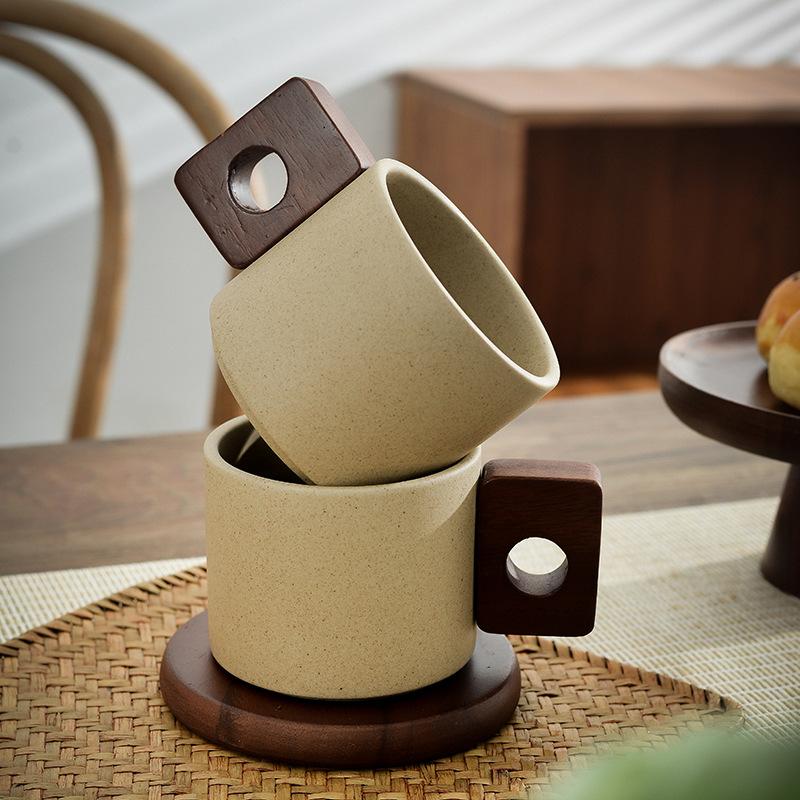 Vintage Ceramic Wooden Handle Coffee Cup with Tray Antique 300ml Tea Cup Home Office Mug Birthday Gift Breakfast Mug Home Decor