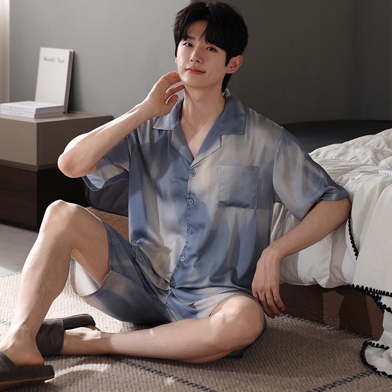 Ice silk pajamas men's summer 1011 new short-sleeved black high-end simulation silk summer loungewear set