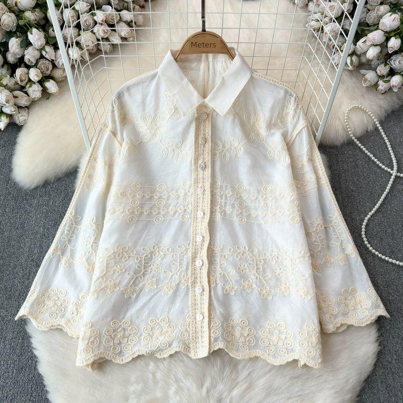 

Изящная вышитая рубашка с длинными рукавами Весна и Осень 2024 K-стиль Свободная Повседневная Рубашка-поло Свободные и Необычные Топы Apricot color One size