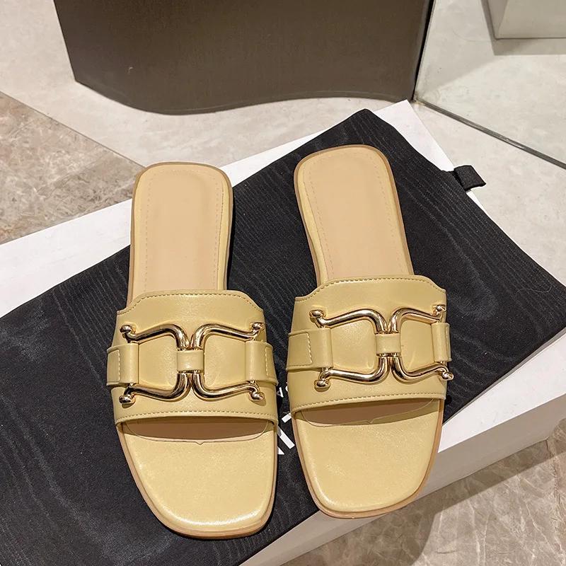 Fashion Women Wearing Flat Slippers 2025 Summer New Simple Large Size Metal Buckle Temperament Word Fairy Wind Sandals