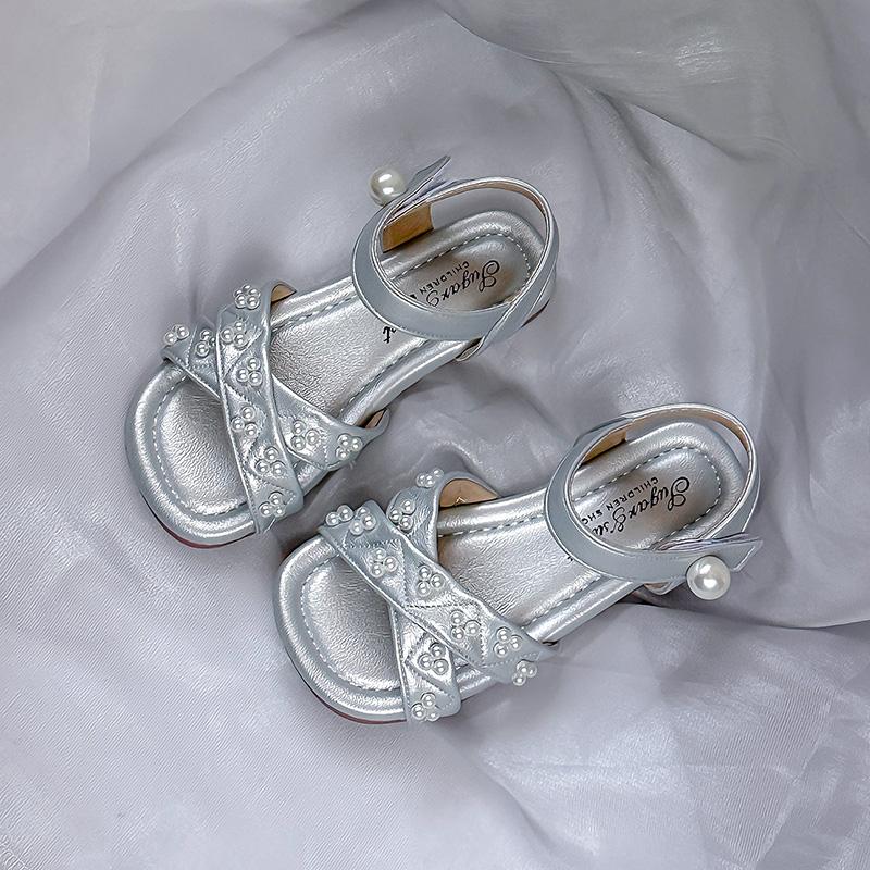 Girls Sandals Sweet Pearls Kids Princess Shoes Ins Trendy Soft Sole 2025 Summer New Children Beach Shoes Open Toes Non-slip Cute