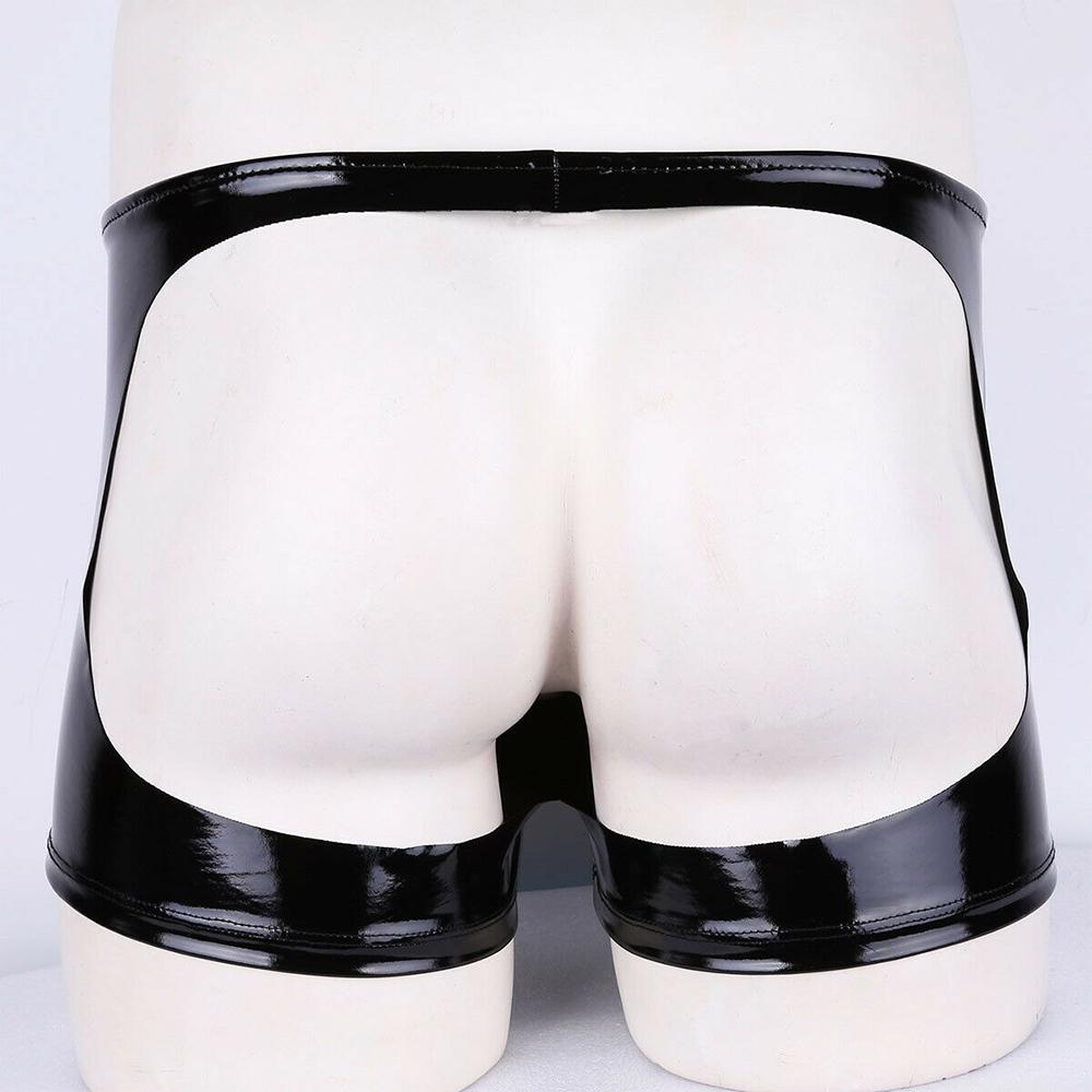 Mens PVC Zip Pouch Backless Briefs Wet Look Lingerie Trunks Shorts Gay Male Funny Open Back Jockstrap Open Butt PantiesGood Product