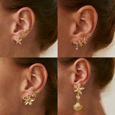 Ocean Style Starfish Shell Pendant Stud Ear Summer Vacation 6pcs/set Fashion Metallic Bow Star Earring for Women Girl Beach Party Jewelry Gift