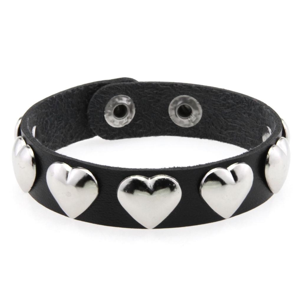 Gothic Punk Heart Stud PU Leather Bracelet, Adjustable Stainless Steel Snap Wrist Cuff Unisex Couple Wristband