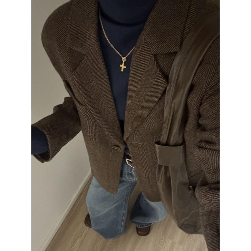 Korean Style Petite Wool Blazer Coat Elegant Herringbone Autumn Winter Jacket for Women