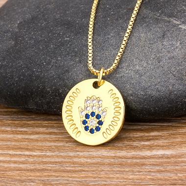 Nidin Hot Sale Women Men Hamsa Hand Necklace Gold Plated Copper Zircon Evil Eye Pendant & Chain Hip Hop Turkish Luck Jewelry