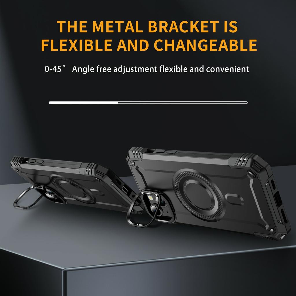 For iPhone 15 Magnetic Case Lens Kickstand PC+TPU Shockproof Phone Cover