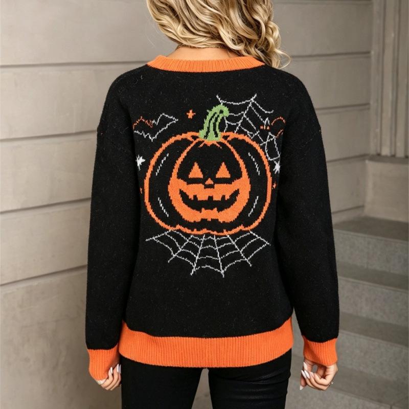 2026 Women's Plus Size Halloween Ghost Color Block Knit Pullover