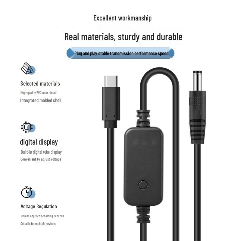 Adjustable PD Power Cord with Digital Display, Type-C to Round Hole DC, 5V-20V Converter