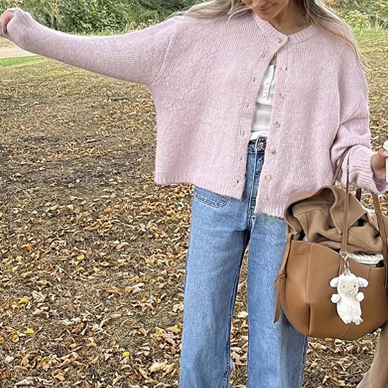 Women's Light Pink Round Neck Knit Cardigan - Autumn/Winter Loose Fit, Drop Shoulder, Long Sleeve, Short Versatile Sweater Coat