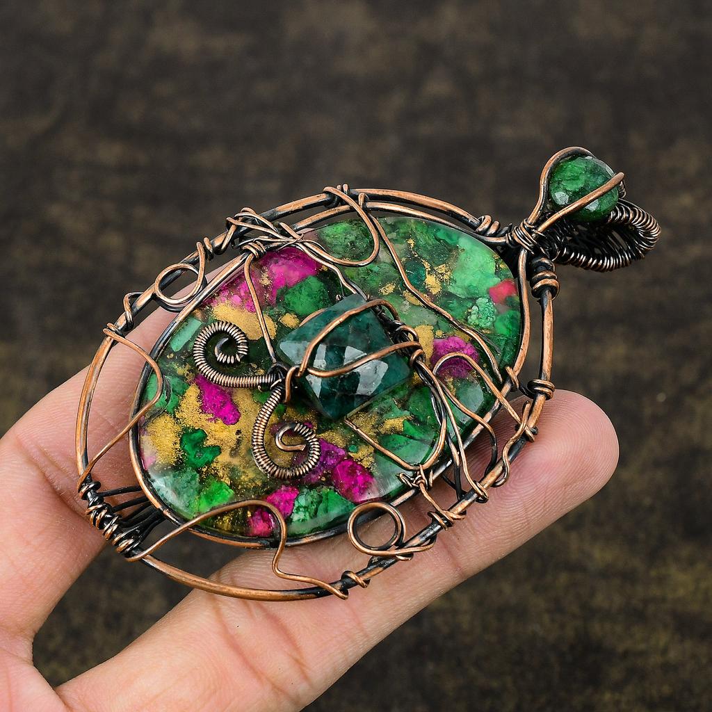 Ruby Zoisite, Emerald Natural Lab-Created Copper Wire Wrap Pendant 3.62" b9t60