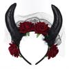 Lace Trim Halloween Cow Horns Headband Flowers Design Red Rose Headband  Women's Accessories