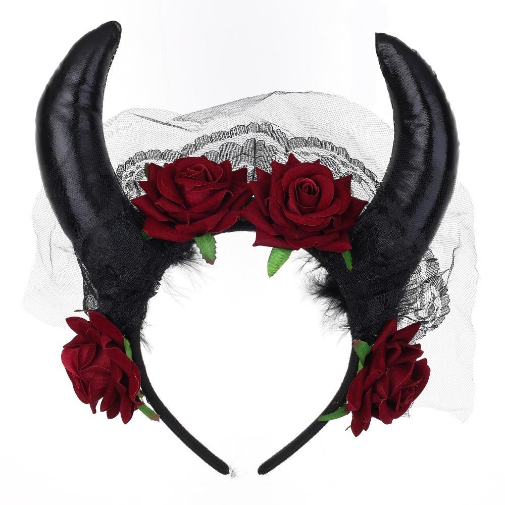Lace Trim Halloween Cow Horns Headband Flowers Design Red Rose Headband  Women's Accessories