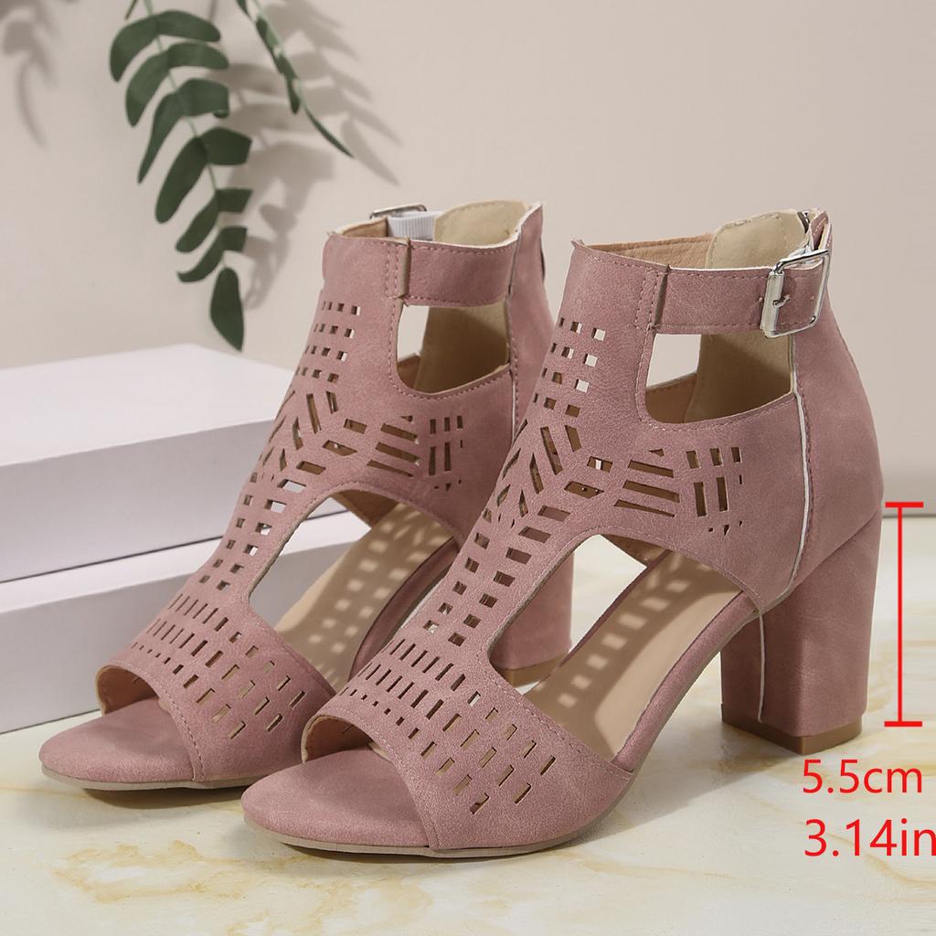 Mode Damen Schuhe Römischer Stil Aushöhlen Mode Sommer Sandalen Einfarbig Dicke Hohe Absätze Reißverschluss hinten Peeptoe Sandalen Damen