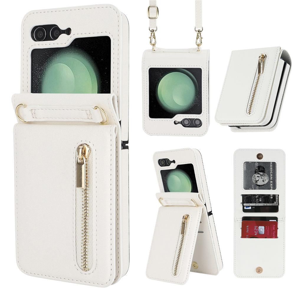 Zipper Lanyard Cards Leather Phone Case For Samsung Galaxy Z Flip 6 5 4 3 Flip5 Flip4 Wallet Stand Cover