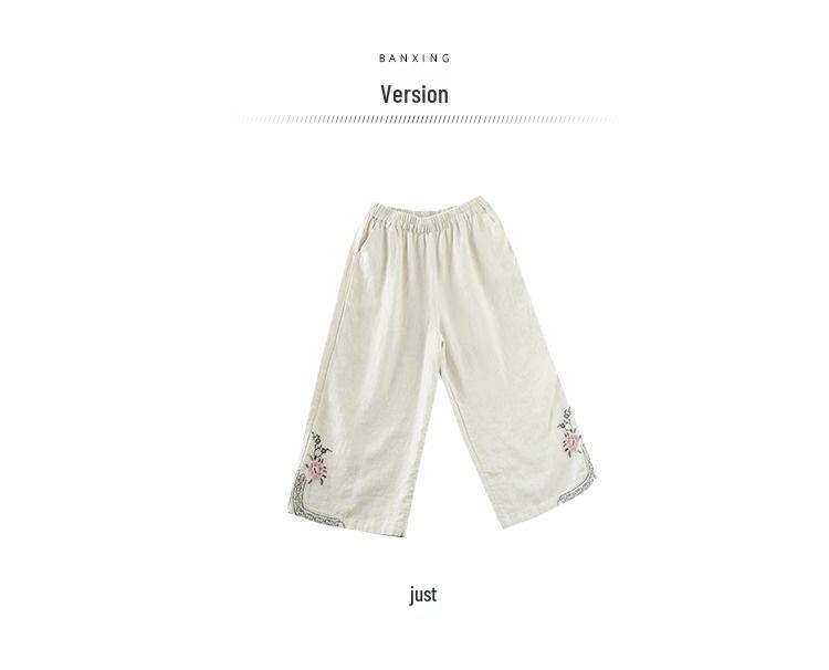 Tide Women's Spring Elastic Waist Cotton Linen Straight Leg Pants with Retro Embroidery