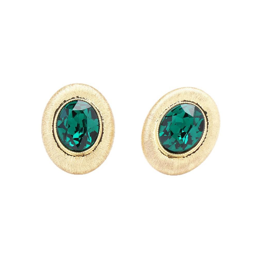 Medieval Style Old Brushed Craft Frosted Gold Oval Earrings Green Crystal Geometric Versatile Silver Needle Stud Earrings Girl