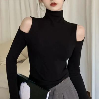 Turtleneck Off Shoulder Long Sleeve T-shirt Women's Thin Velvet Slim Bottom Shirt Spring and Autumn Korean Style Hollow Out Tops