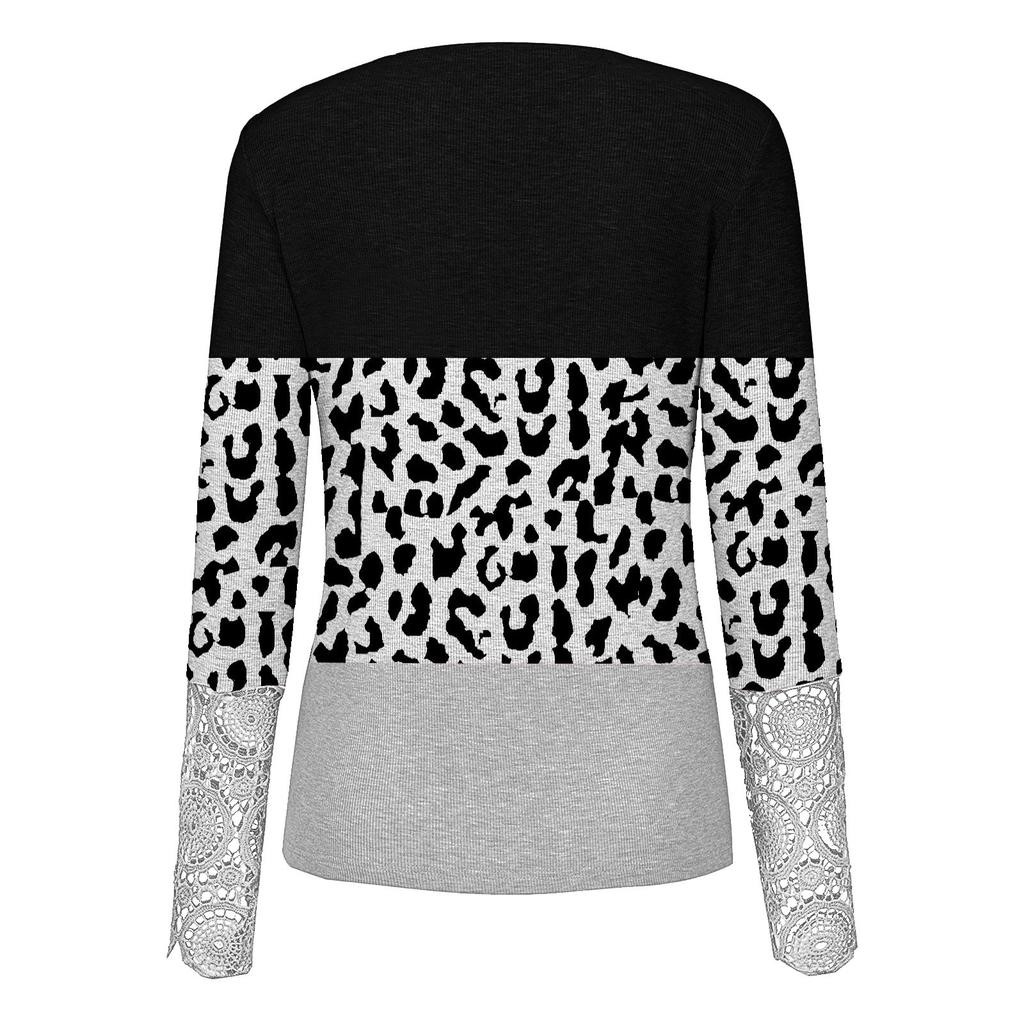 Women Fashion Patchwork Printing Lace Long Sleeve Casual Button Pullover Sweatshirt Top