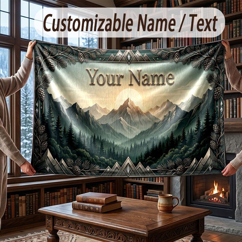 Mountain Landscape Theme Throw Blanket Custom Name Text Personalized Blanket Soft Cozy Blanket for Home Sofa Bed