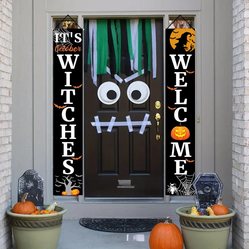 Spooky Festive Porch Sign Set Halloween Xmas Dual Door Curtain Gothic Banner Hanging Scary Merry Party Decor