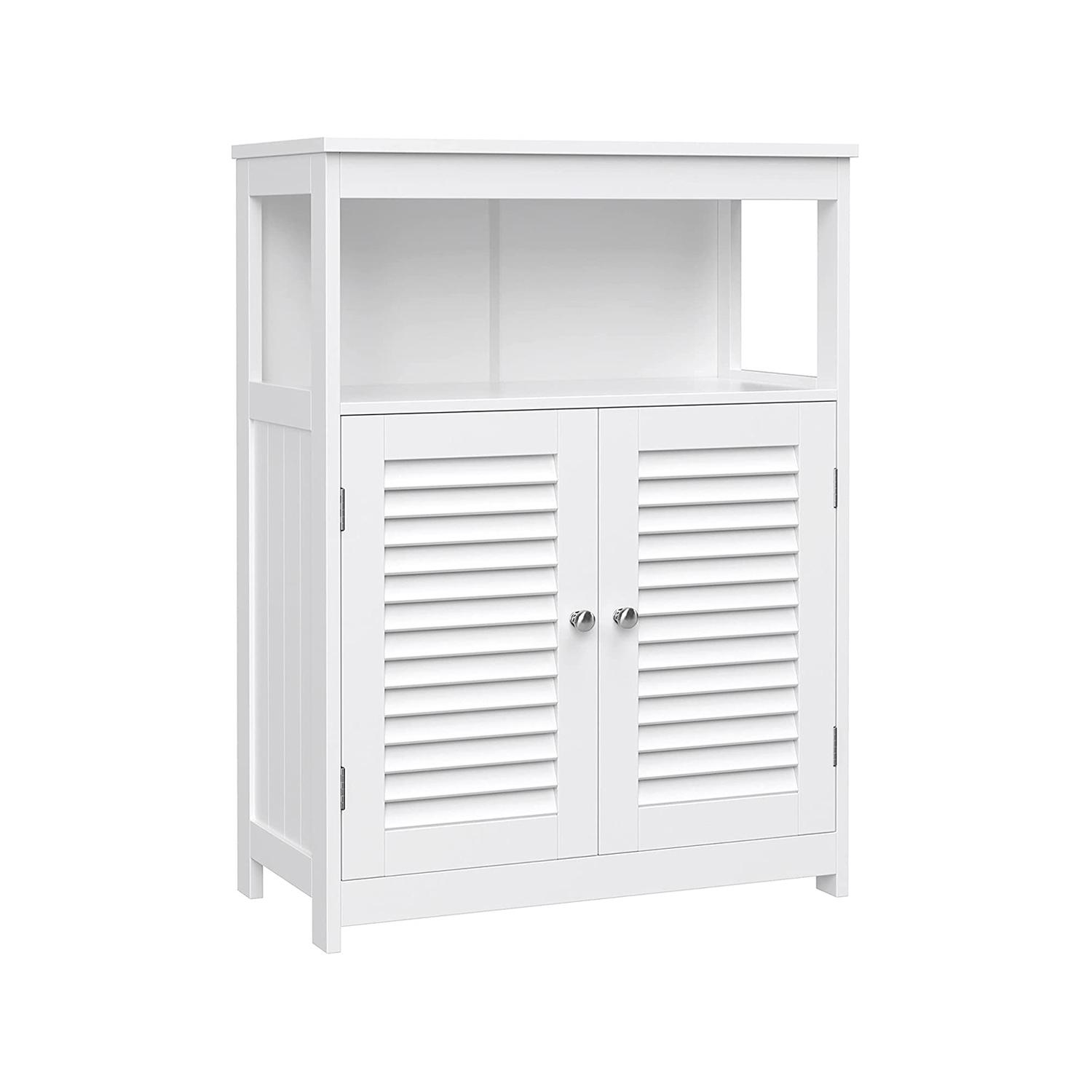 Armário de Chão para Banheiro VASAGLE em Madeira, Organizador de Armazenamento, Estante, Armário de Cozinha Autoportante, com Portas de Dupla Persiana, Branco branco