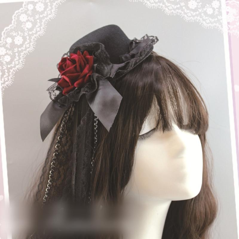 Punk Rose Flower Lace Hat with Hair Clip Anime Headwear For Women Music Festival And Everyday Hairstyles Halloween Props