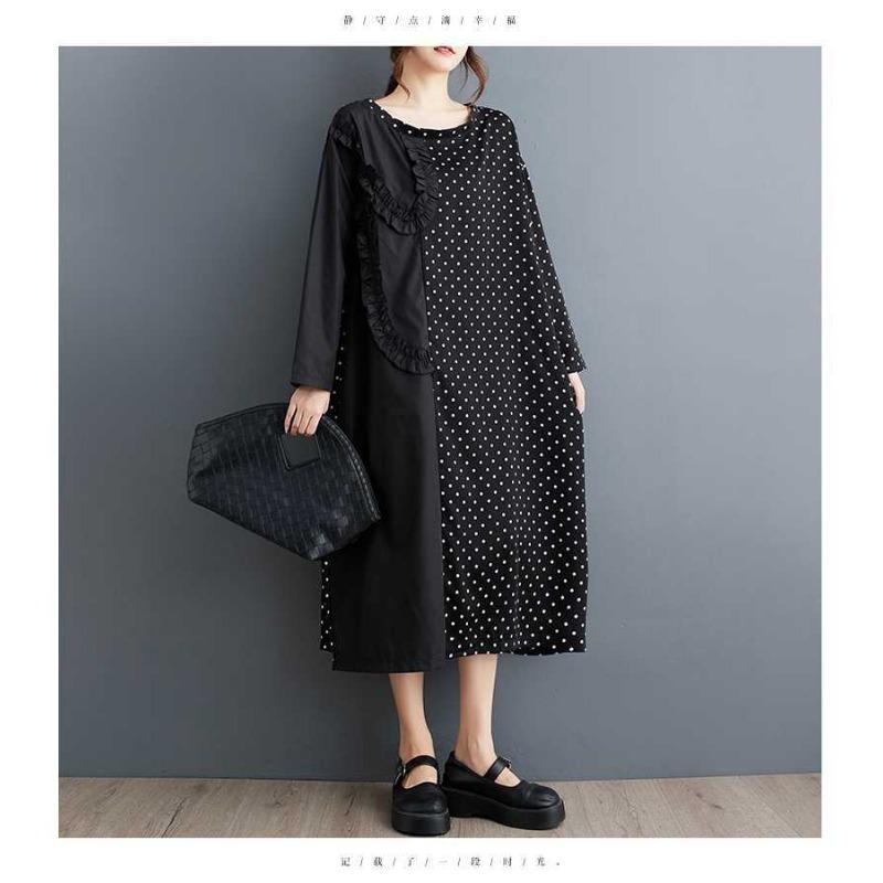 New Polka Dot Splicing Wood Ear Side Long Sleeve Dress Fashion Loose Casual A-Line Dresses
