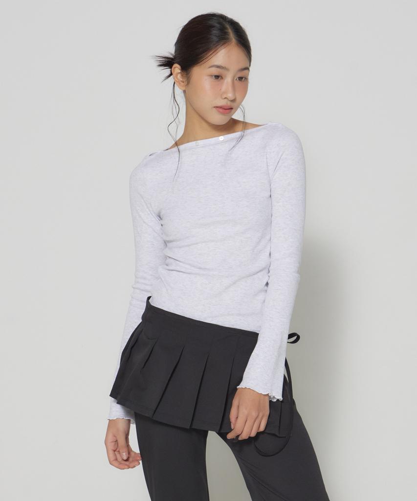 DEARSTALKER Sweetie Button Boat-Neck Long-Sl T - Light Gray